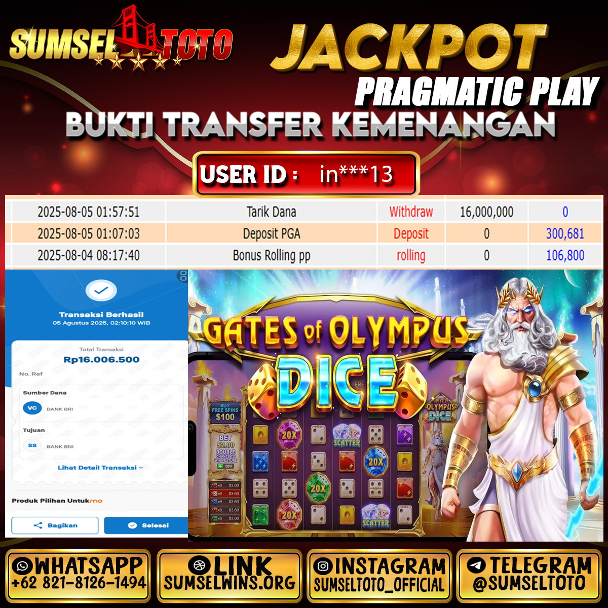 SUMSELTOTO JACKPOT SLOT GATES OF OLYMPUS DICE Rp.16,000,000.,- LUNAS